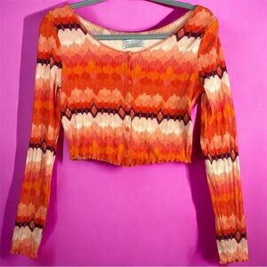 Urban Outfitters Bold Orange Chevron Ribbed Crop Button Up Casual Blouse Large